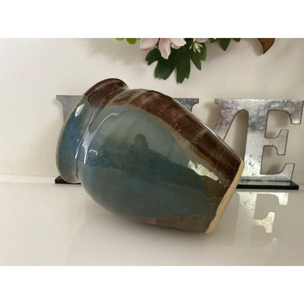 Blue and Brown Glazed Rare Signed by Artist Jen O MCM Studio Art Pottery Vase 5